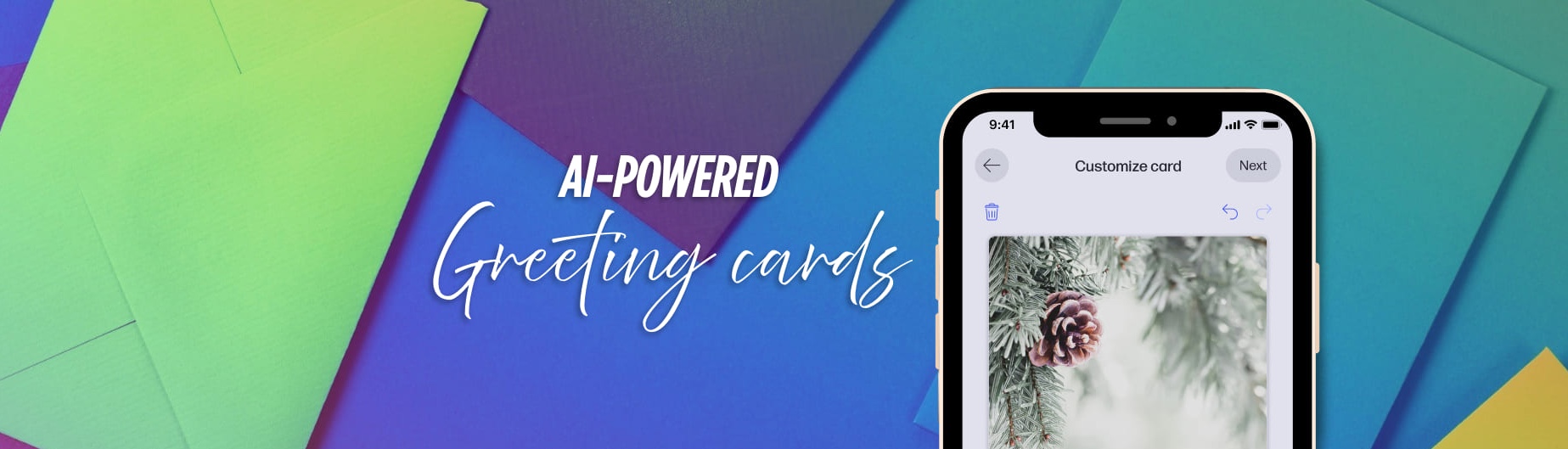 Card envelopes with a phone on top and the message 'AI-powered greeting cards'